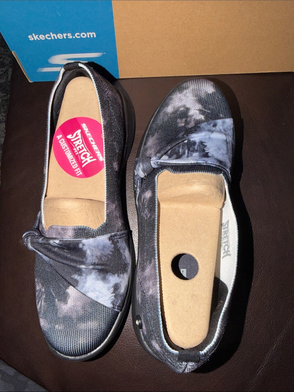 Skechers Women’s Black and Gray Tie-Dye Slip-On Comfort Flats